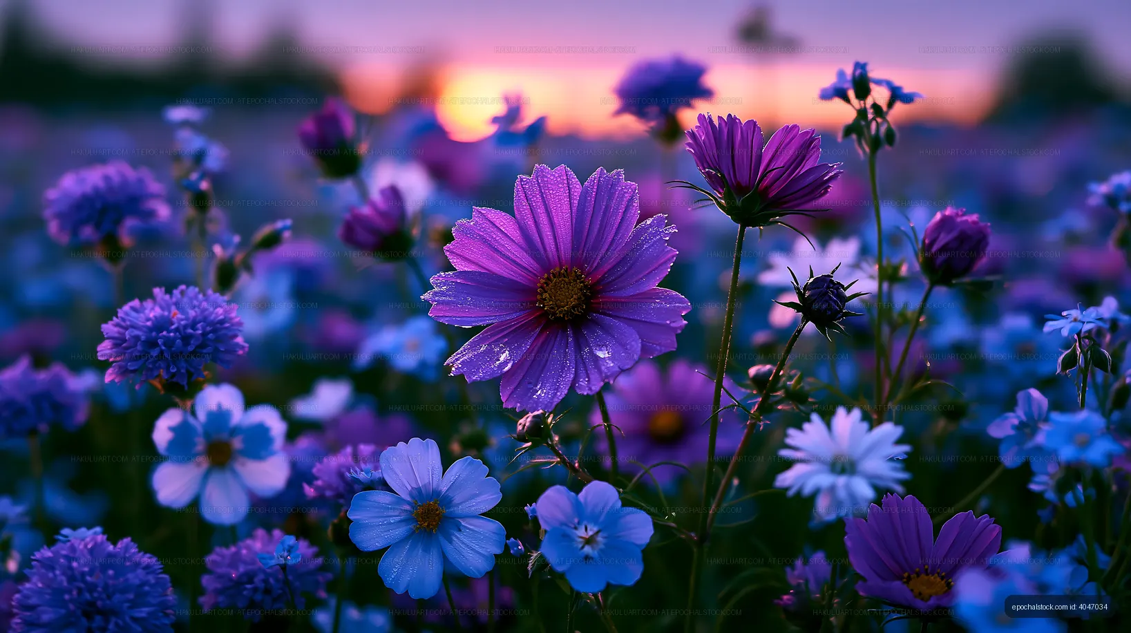 Colorful flowers in a field at sunset
