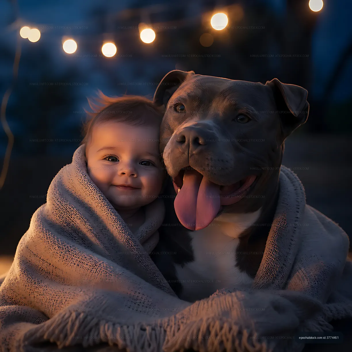 Child and dog cuddle under blanket during evening