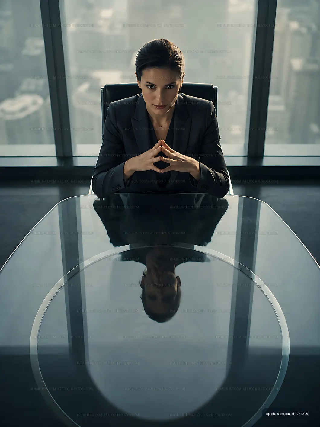 Businesswoman in office with city view at large table