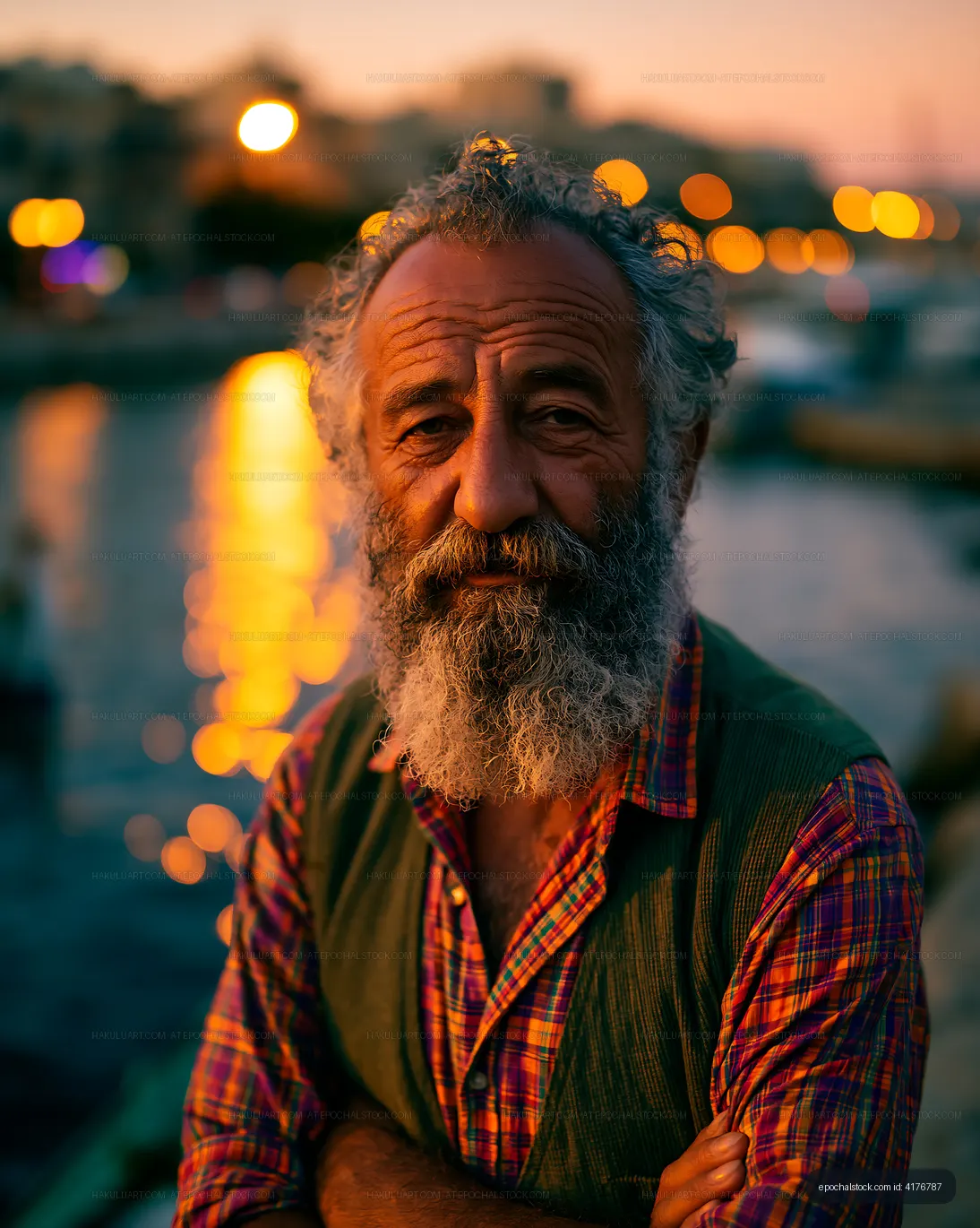 Man with beard standing by water at sunset