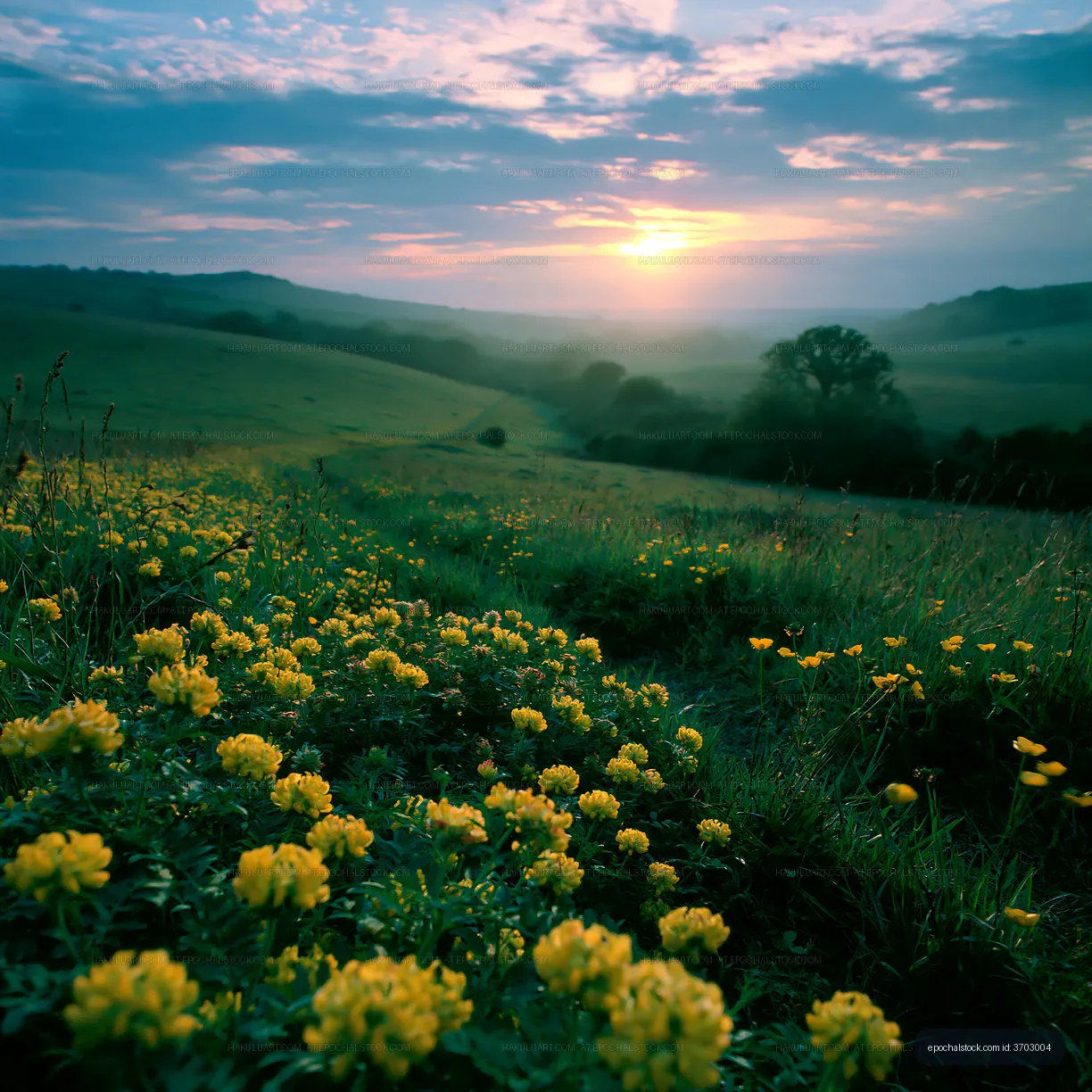 Sunrise over fields with yellow flowers and rolling hills