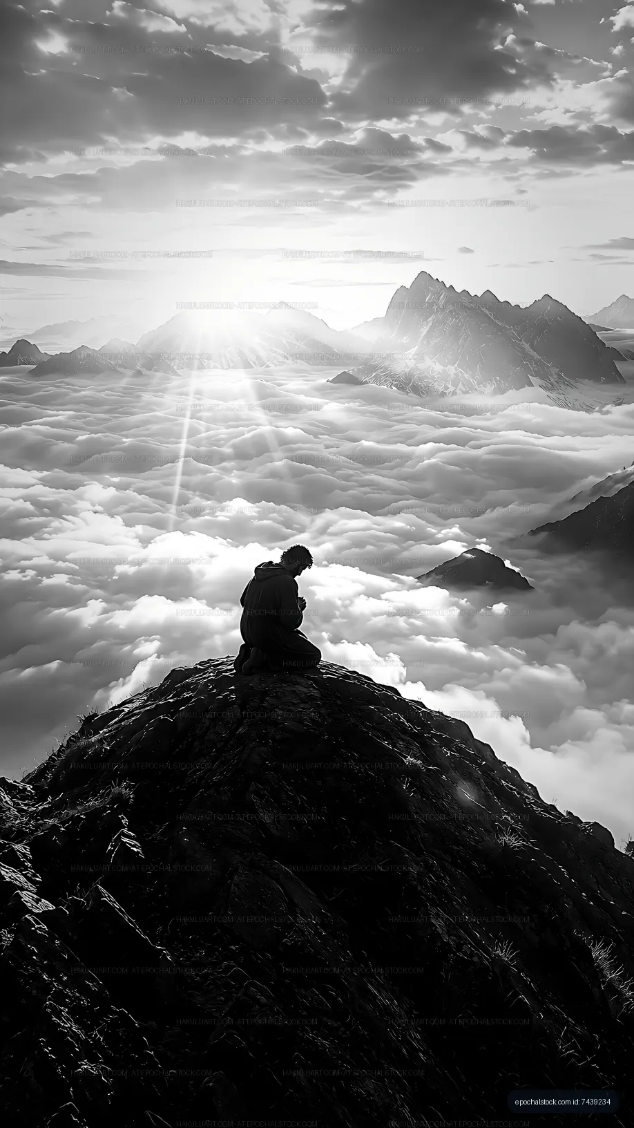 Man sits on mountain peak above clouds at sunrise