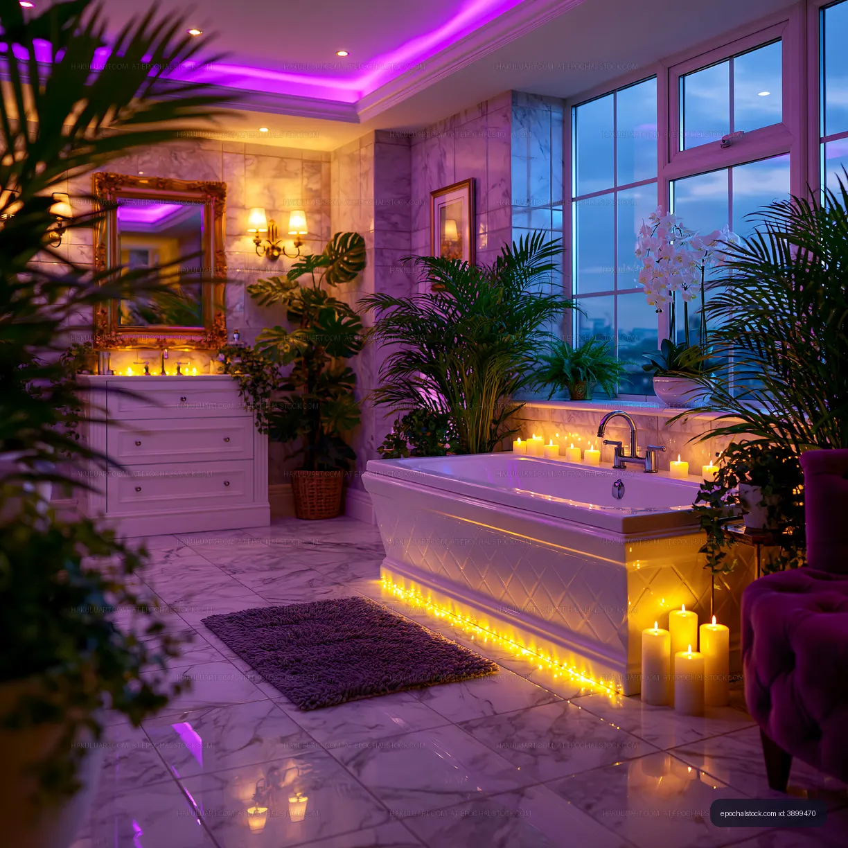 Elegant bathroom with candles and plants at dusk