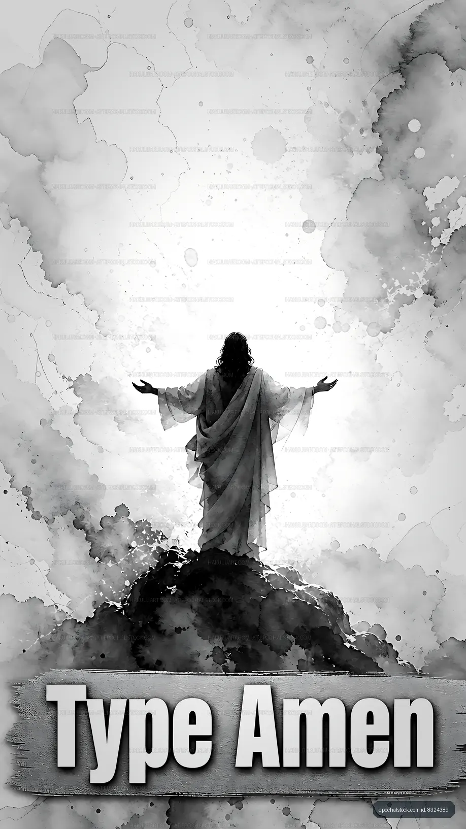 A figure representing Jesus stands on a rock with arms open wide