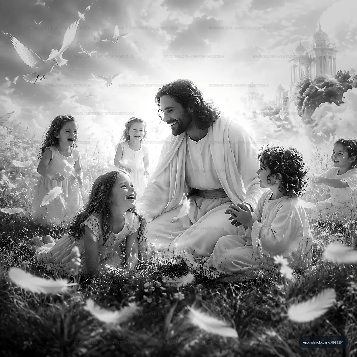 Children playing with a figure in white in a bright setting
