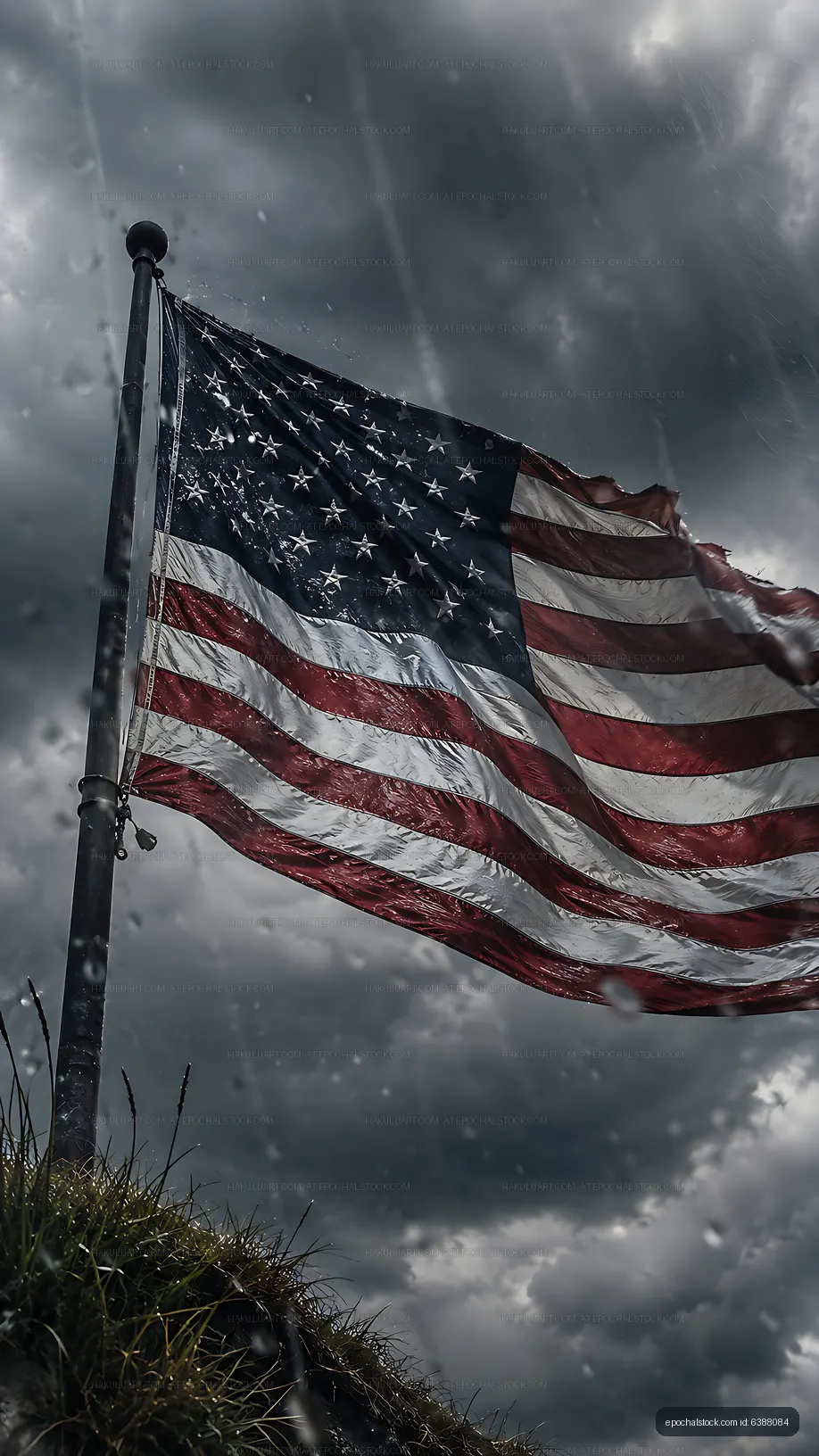 American flag waving against a cloudy sky
