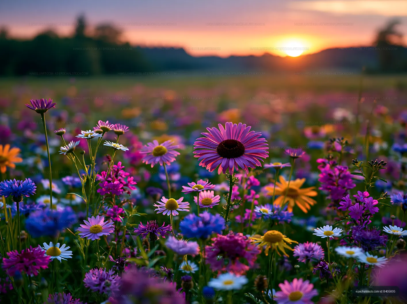 Colorful wildflowers bloom during sunset in a meadow