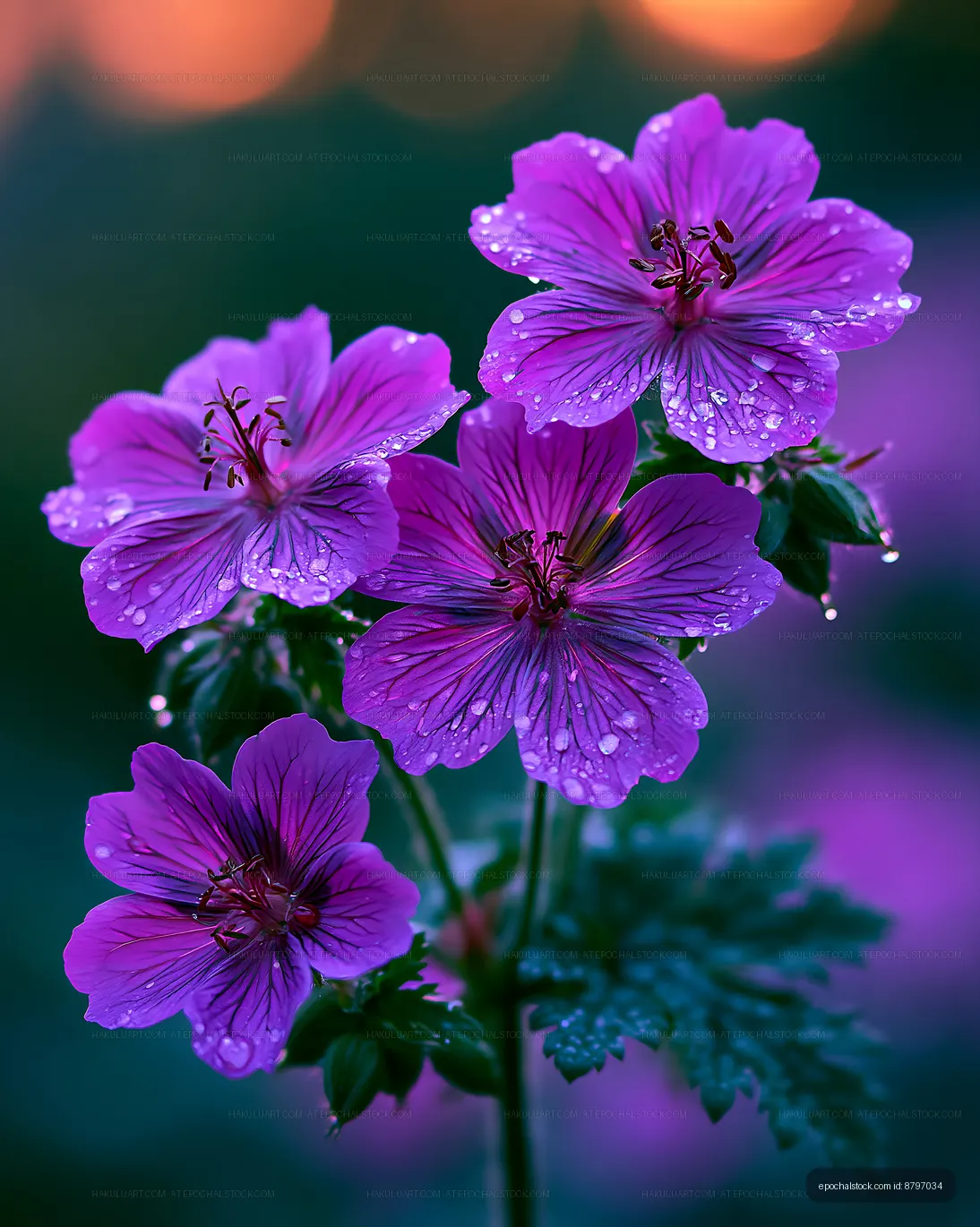 Purple flowers with water droplets in a garden setting