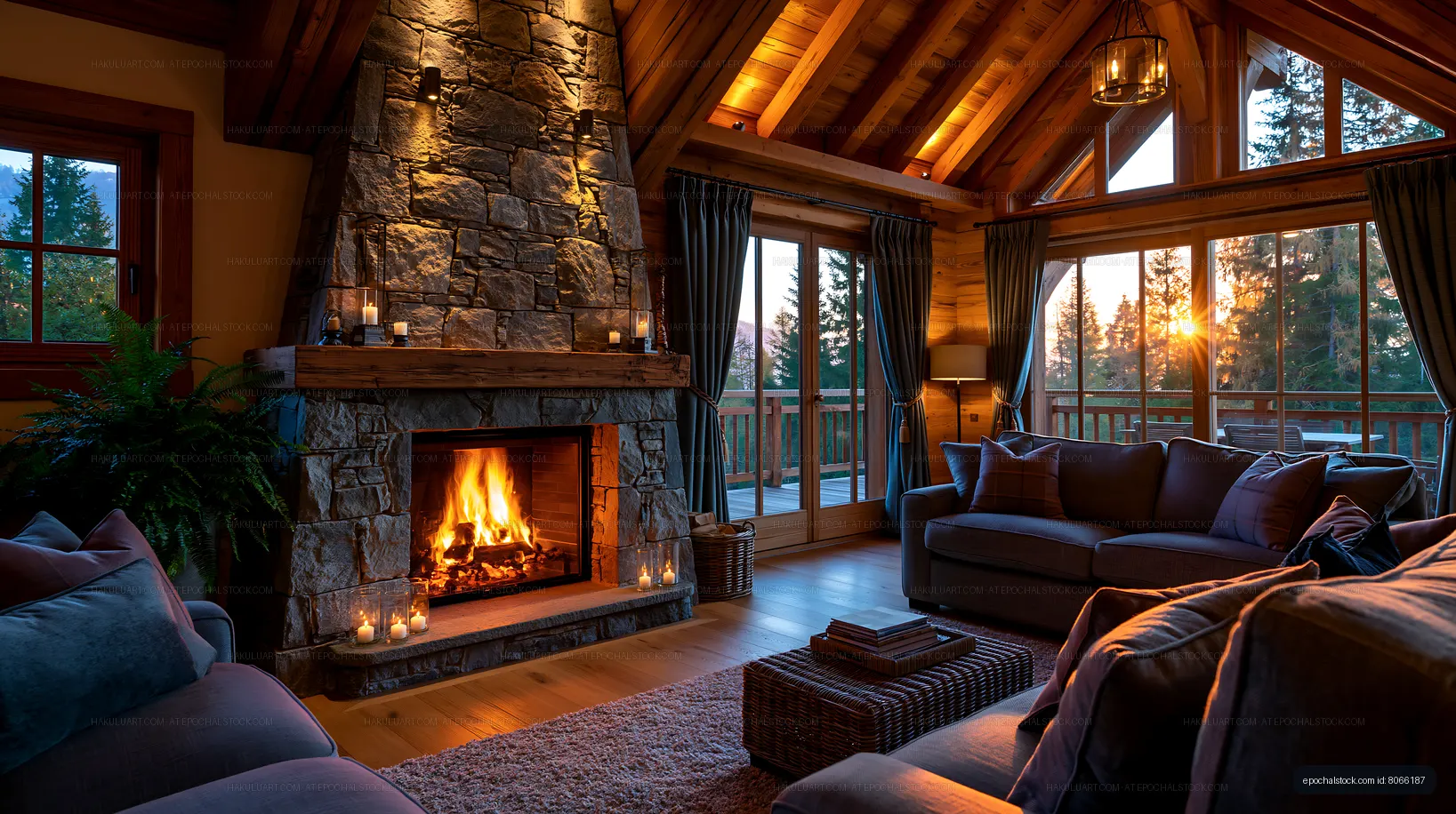 Cozy living room with fireplace and sunset view