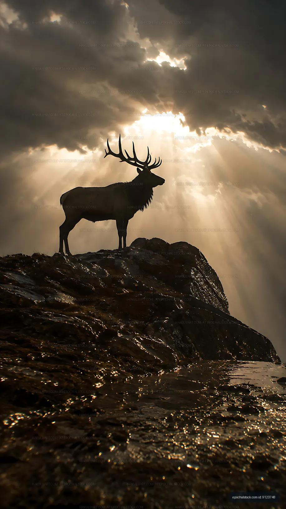 Stag standing on rocky terrain against dramatic sunlight