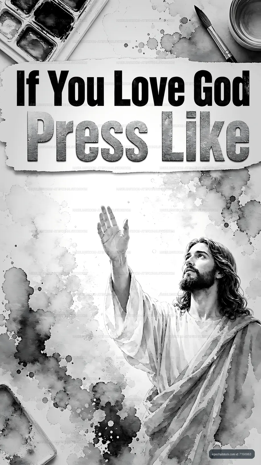 Message with hand raised in worship with artistic design