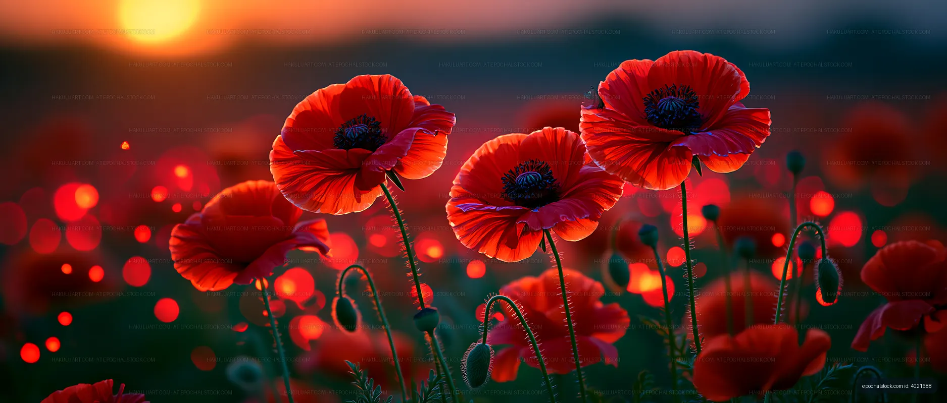 Red poppy flowers in a field at sunset