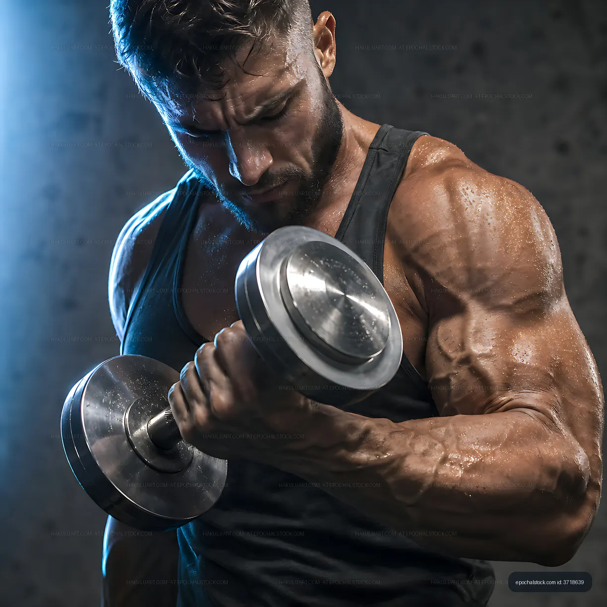 Man lifting dumbbell in gym setting during strength training session