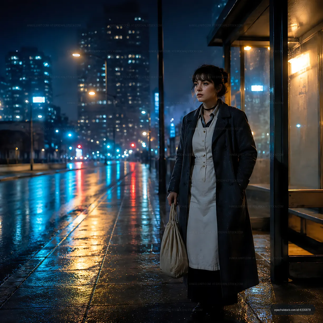 Woman waiting at bus stop on rainy night in city