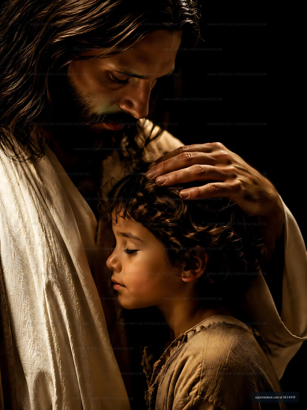 Man comforts child in a dimly lit setting