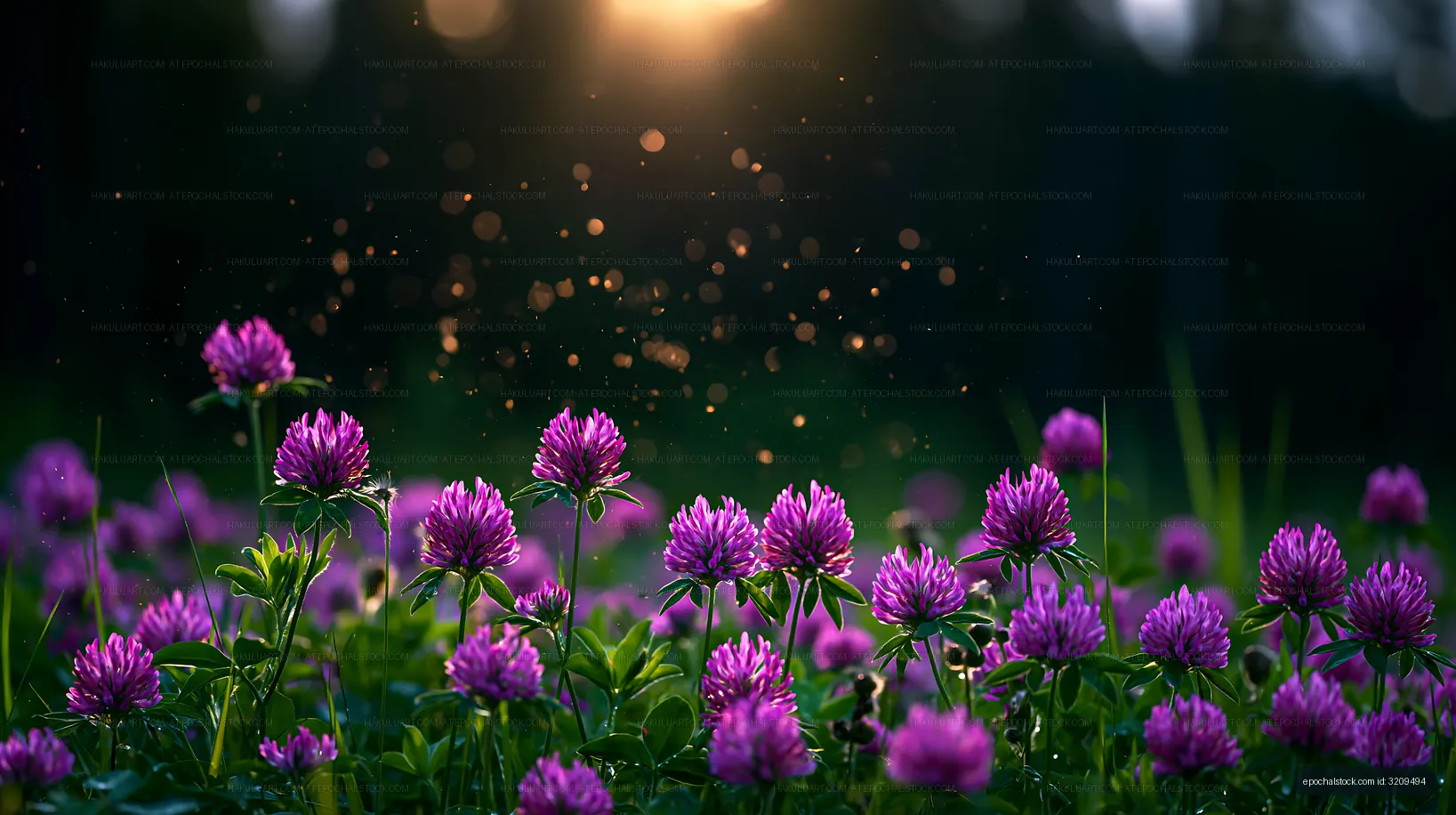 Purple flowers bloom under the sunset light in a meadow