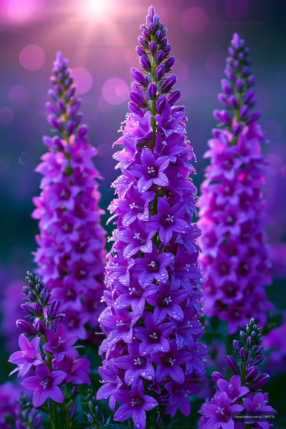 Purple flowers in sunlight with droplets in the garden