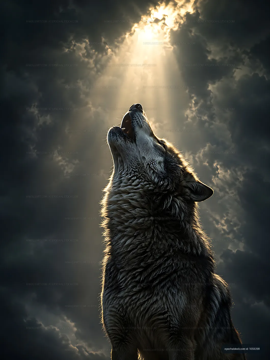 Wolf howling under dramatic clouds with a beam of light