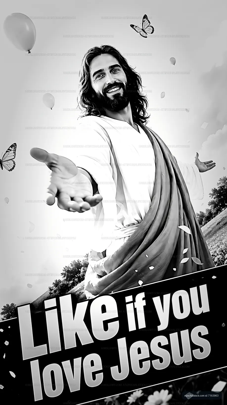 Man in white robe reaching out with butterflies and balloons