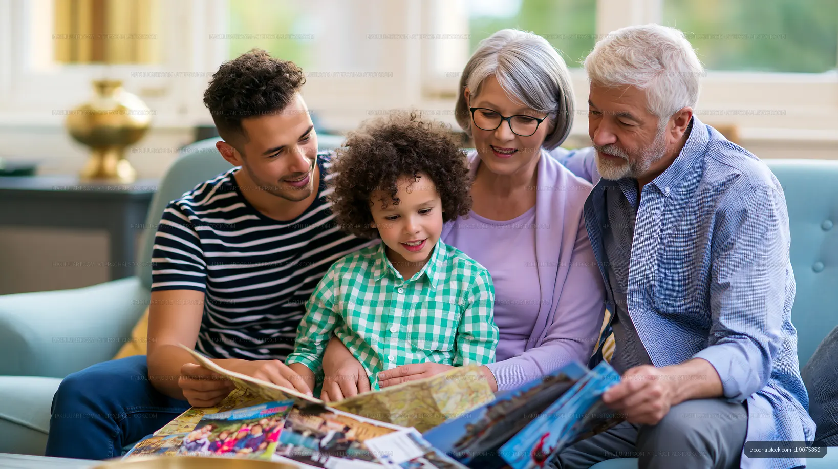 Family enjoying time together while looking at photo albums