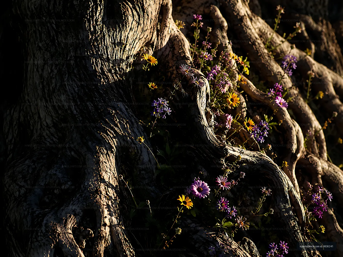 Roots with flowers growing in the ground during sunset