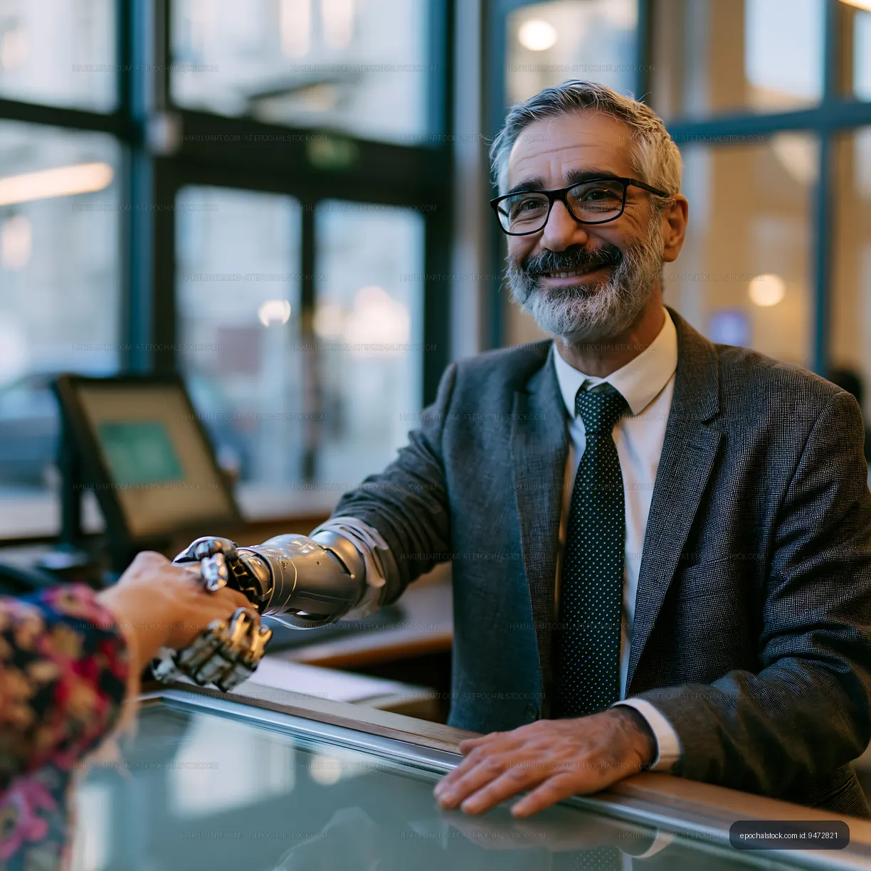 Man with prosthetic arm shakes hands at a reception desk