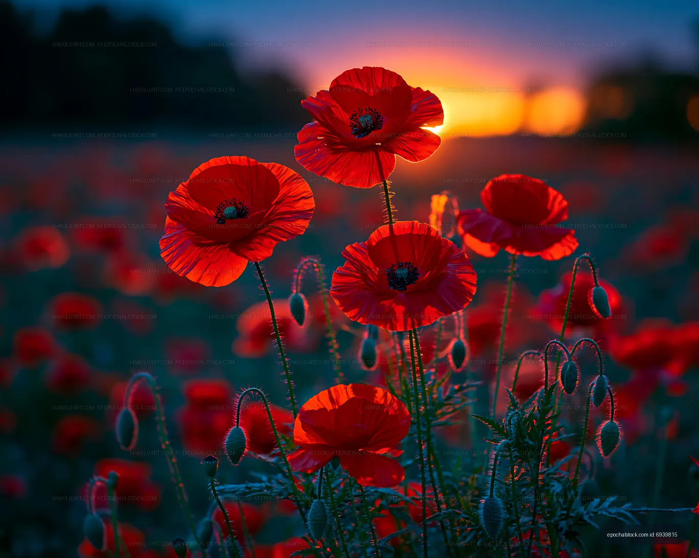 Bright red poppies in a field at sunset