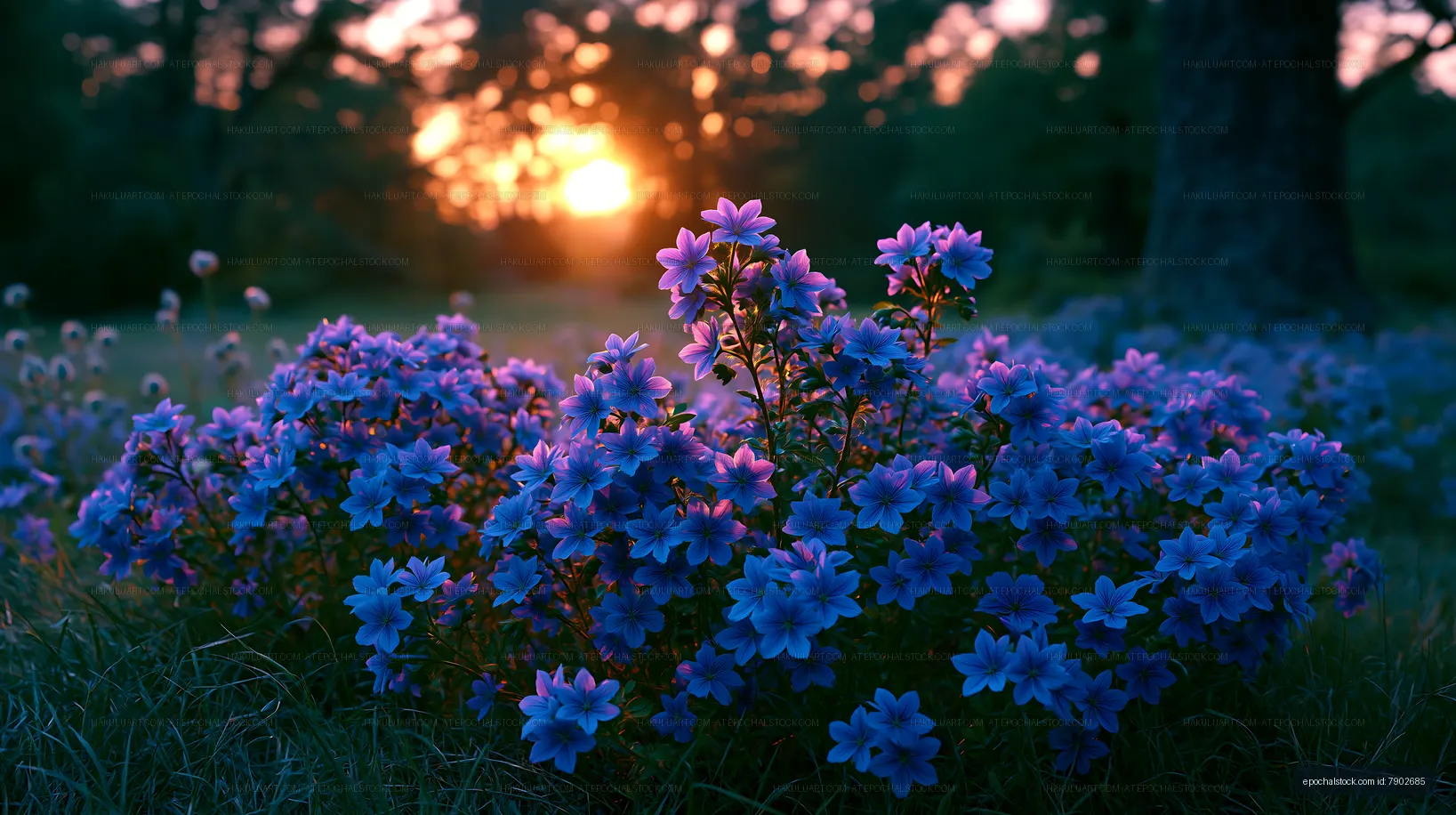 Flowers blooming at sunset in a forest clearing