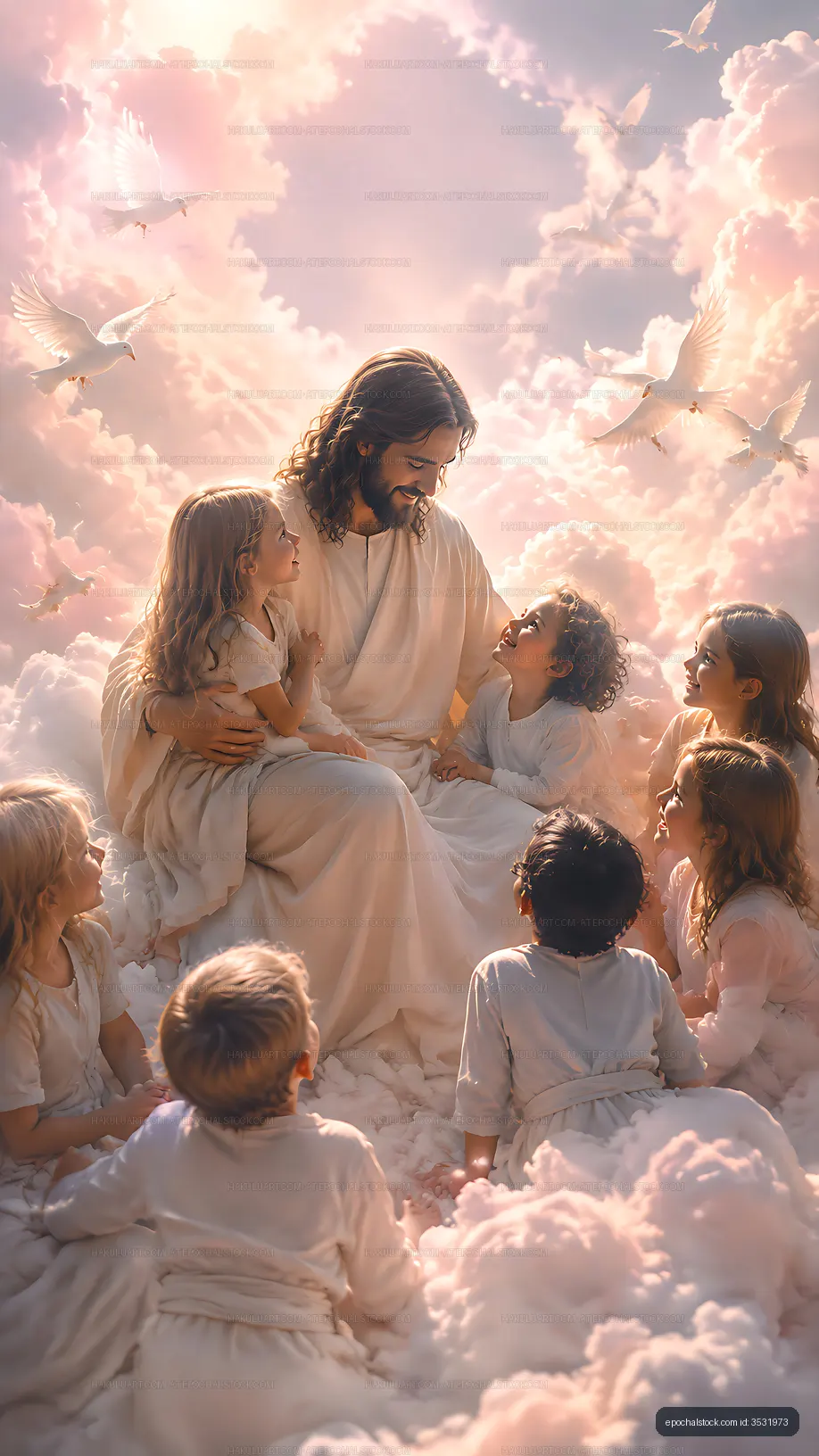 Jesus surrounded by children in a cloud setting