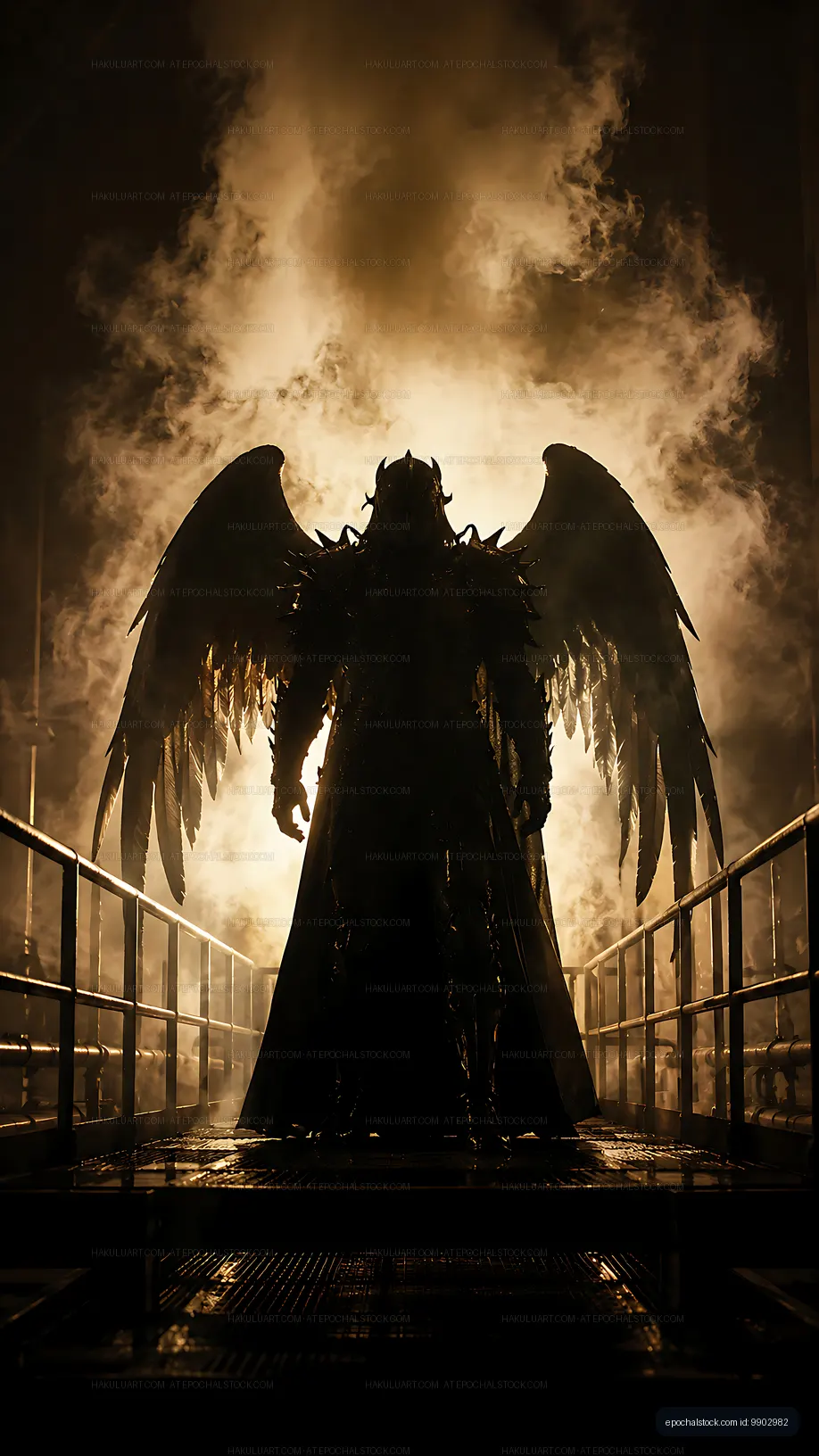 Dark figure with wings in smoke and light setting