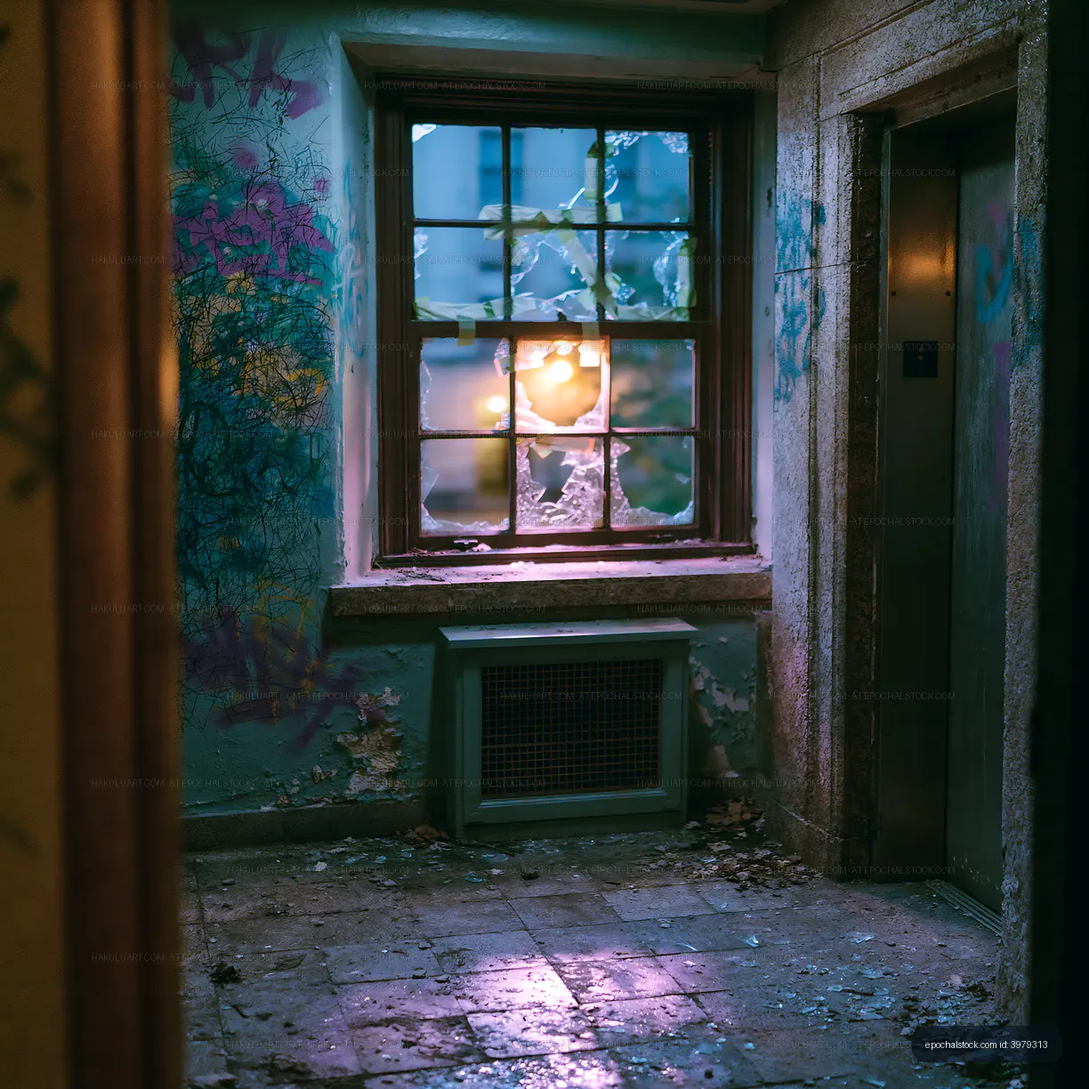 Abandoned hallway with broken window and elevator in old building