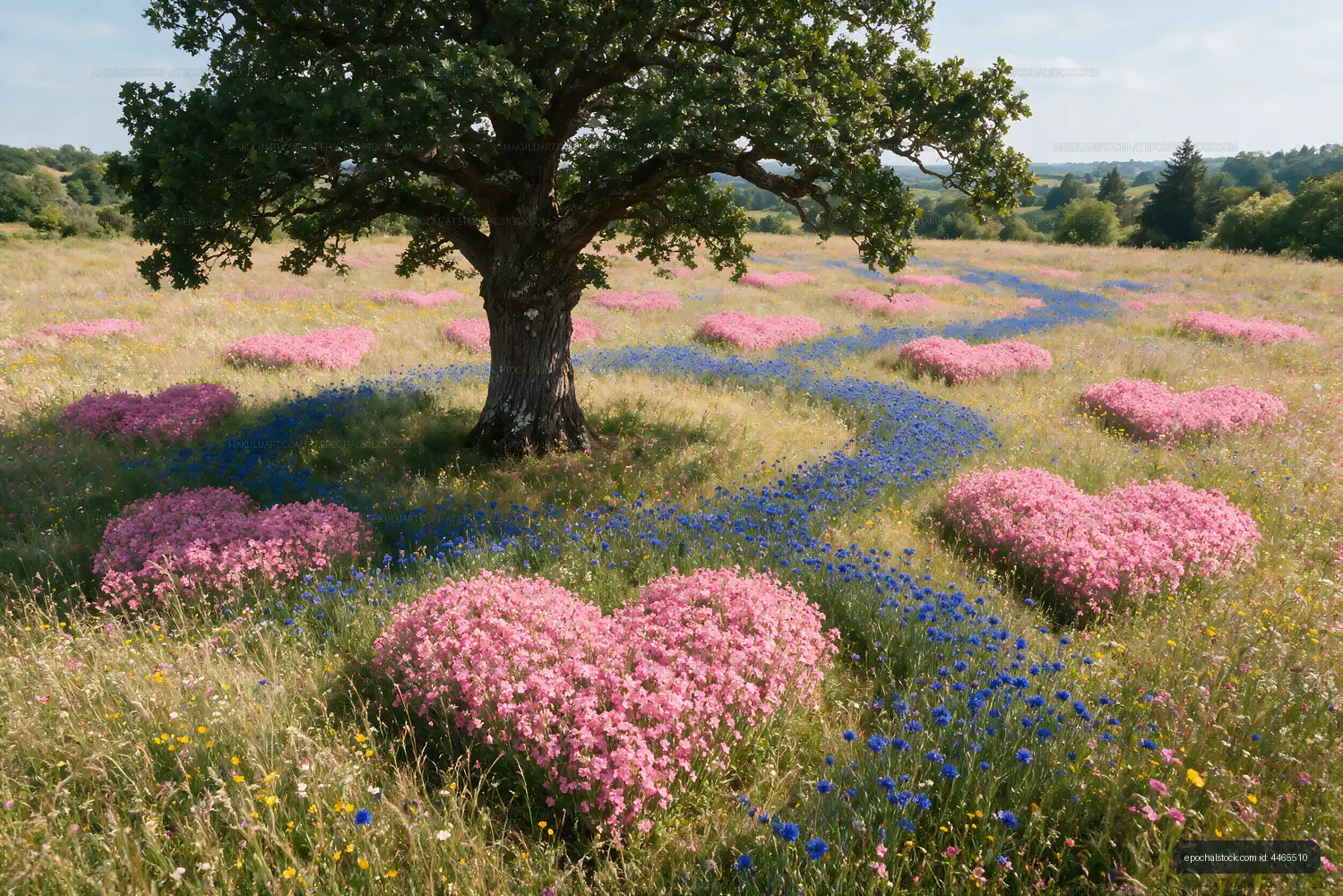 Heart-shaped flowers grow in a field under a tree