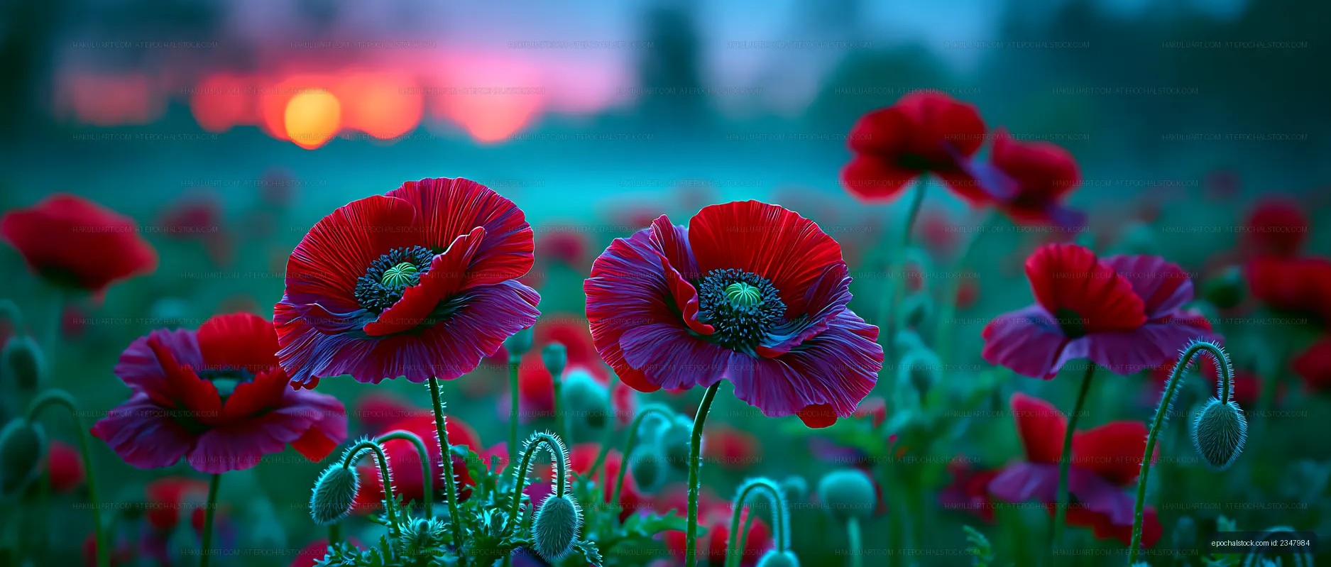 Red poppies bloom at sunset in a vibrant field
