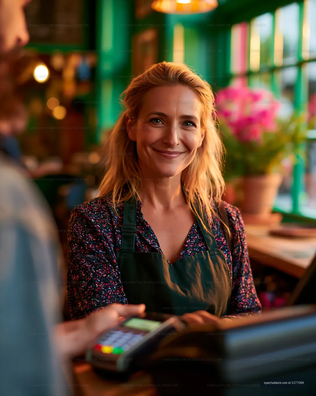 Smiling cashier at counter during busy cafe hours