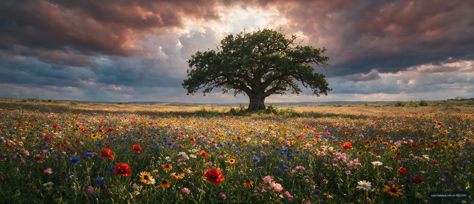 Field of wildflowers under stormy sky with large tree