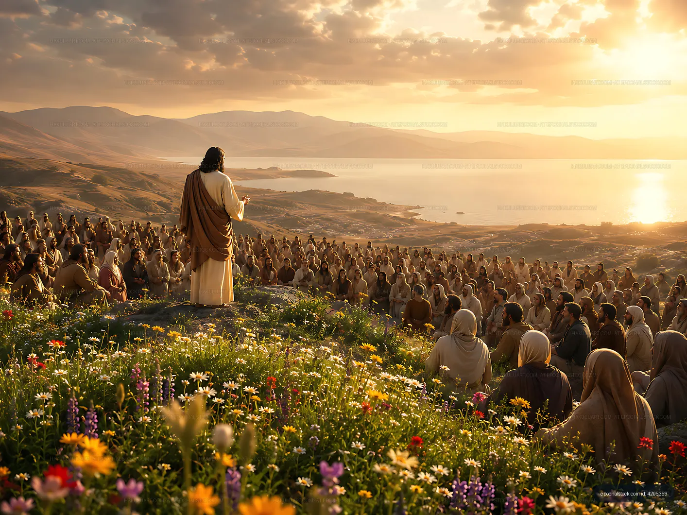 Jesus speaks to a large crowd at sunset near a body of water