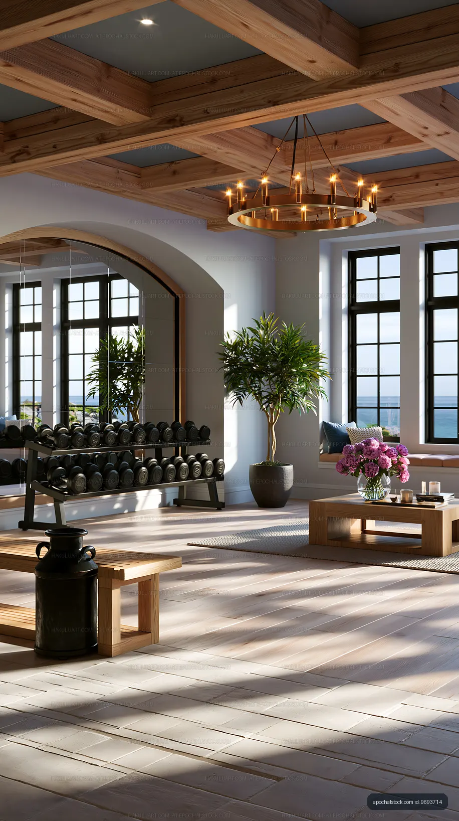 Modern fitness studio with wooden beams and natural light