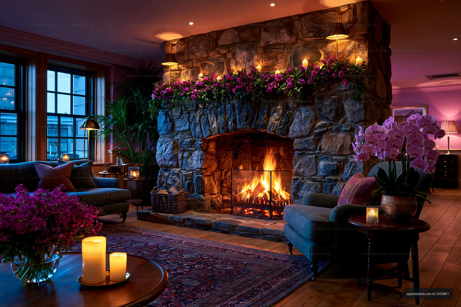 Cozy living room with stone fireplace and flowers at night