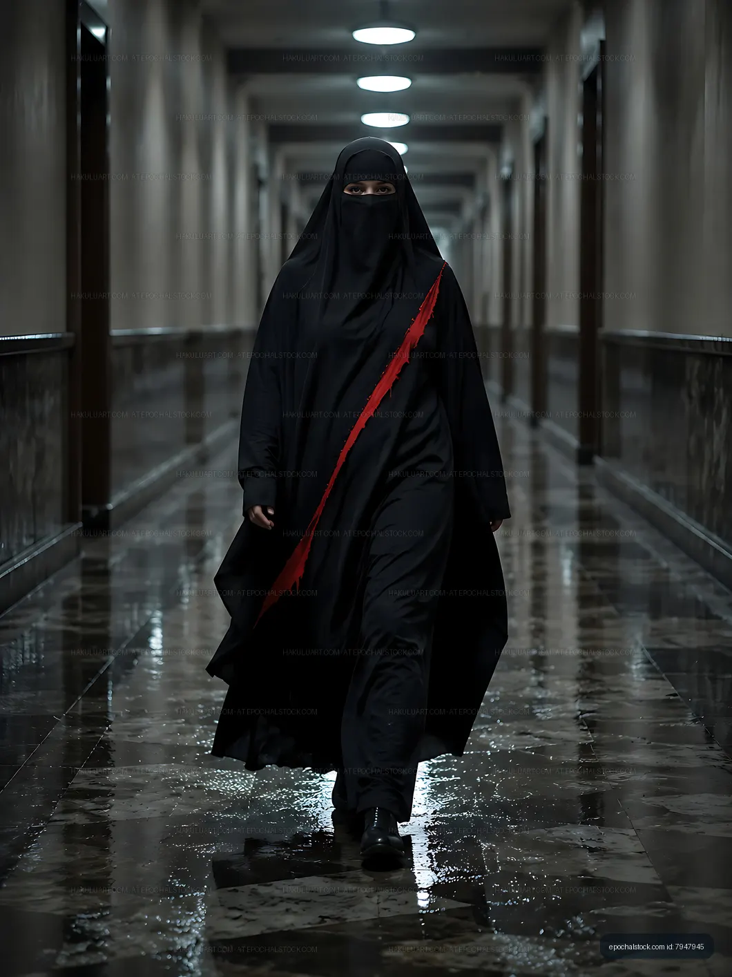 Woman in black attire walking through a dimly lit corridor