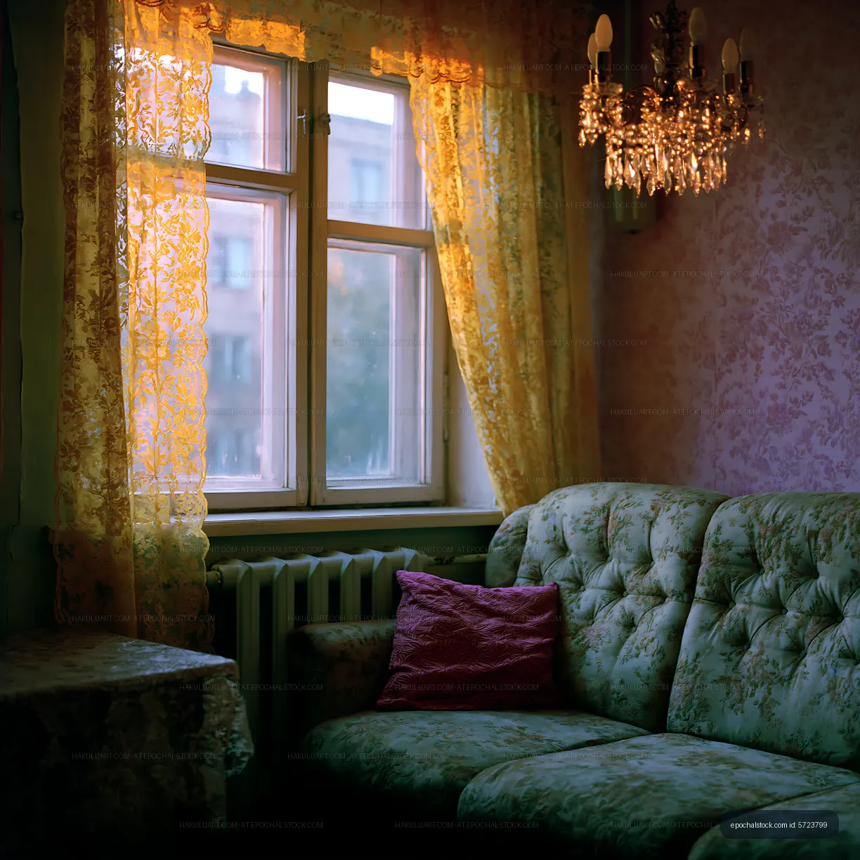 Cozy living room with a vintage sofa and bright window light