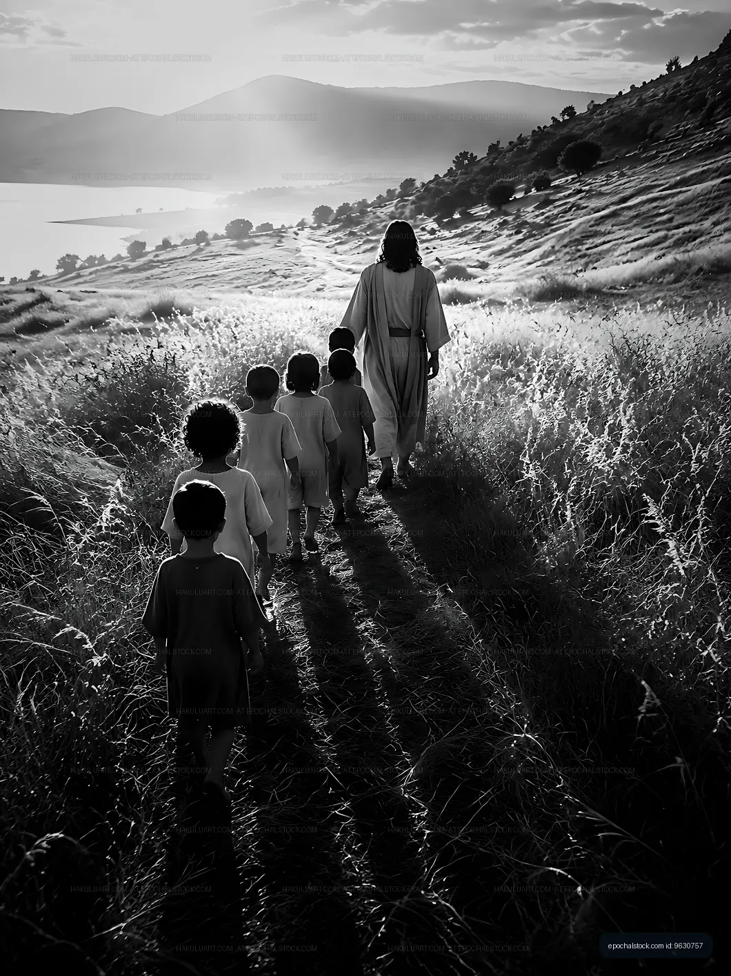 Children walking with a figure along a path in a rural area