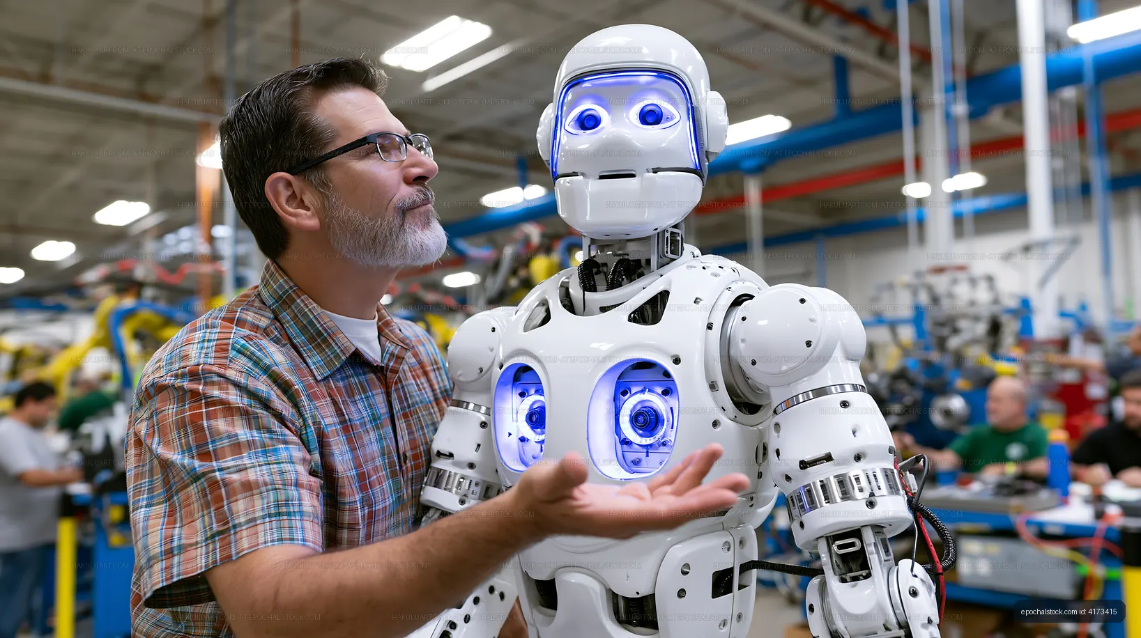 Man interacts with humanoid robot in a factory setting