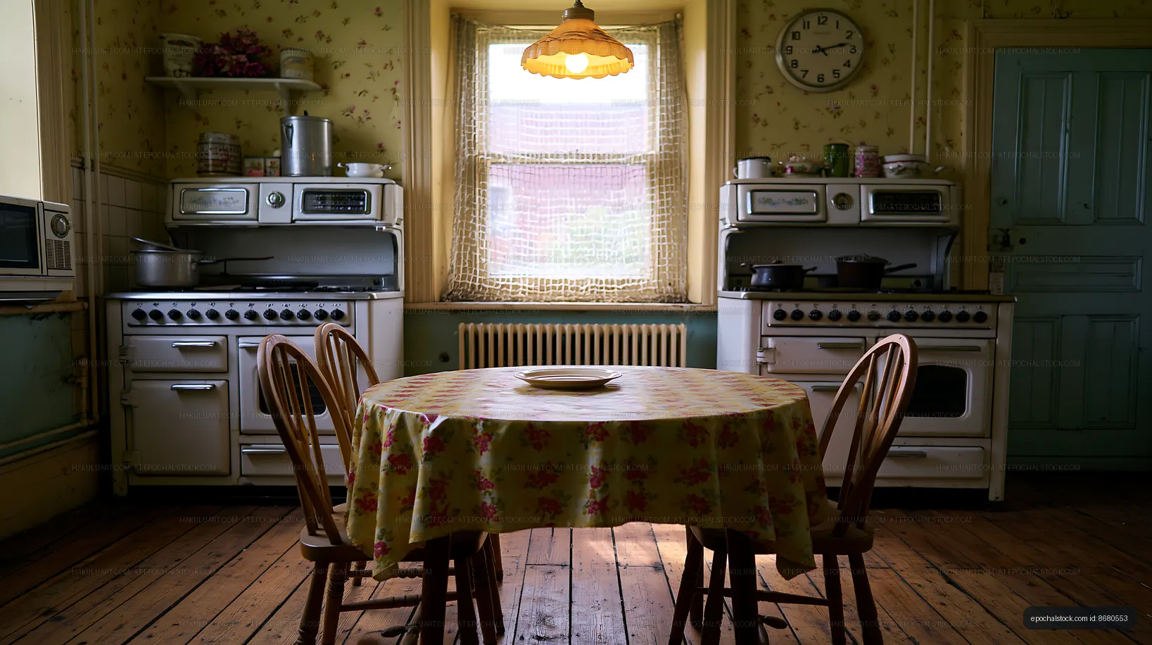Cozy kitchen with vintage appliances and wooden table