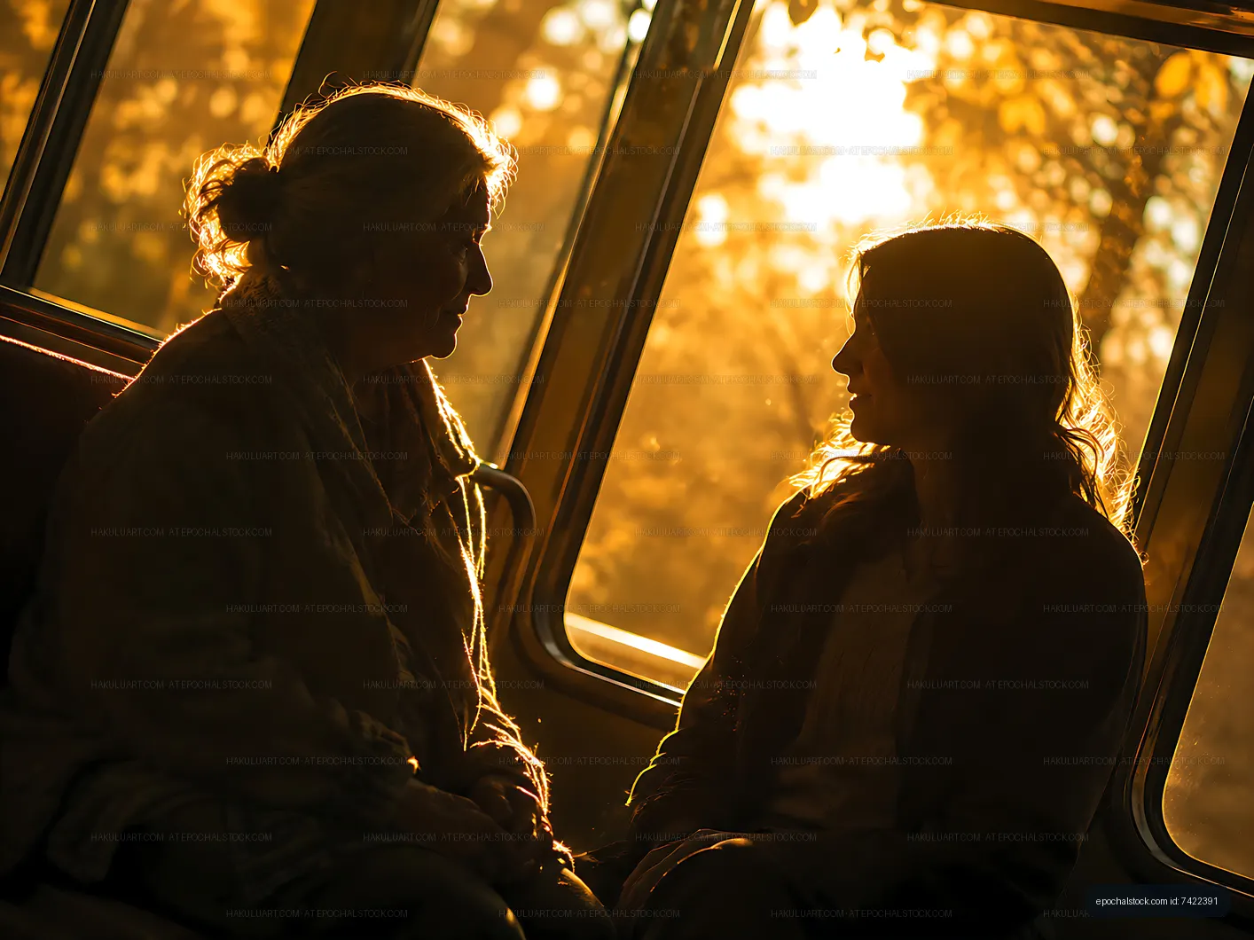 Two people talking inside a train during sunset