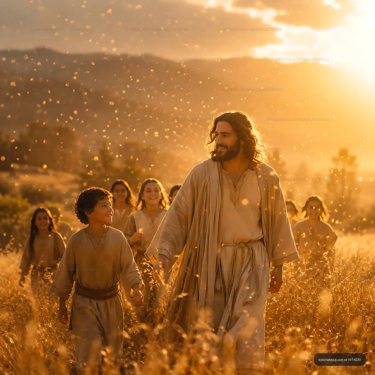 People walking in a field during sunset with a central figure