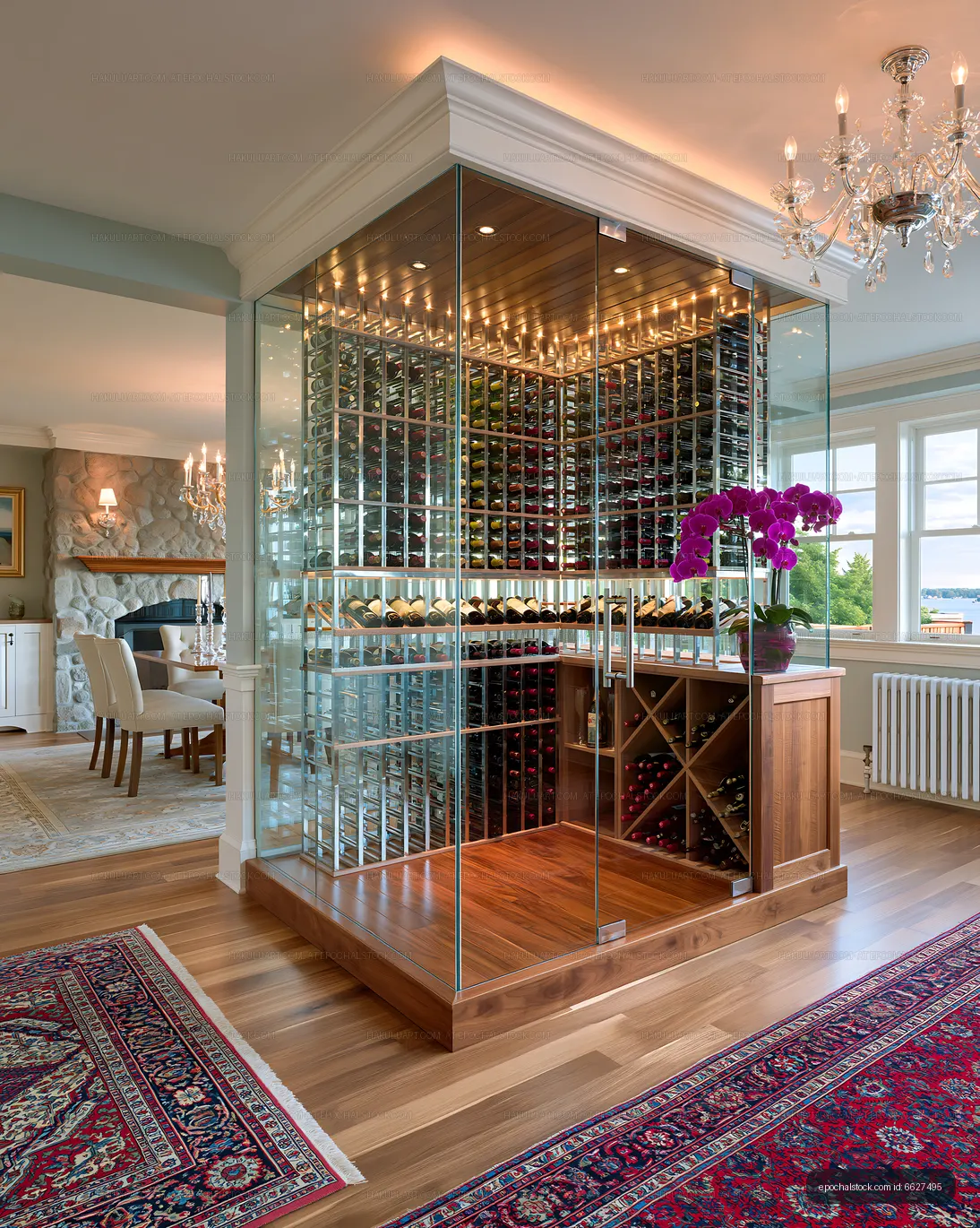 Modern glass wine cellar in a spacious living room