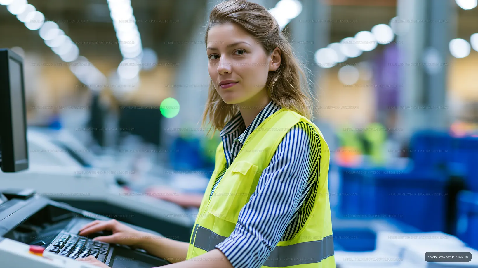 Worker at desk in warehouse wearing safety vest