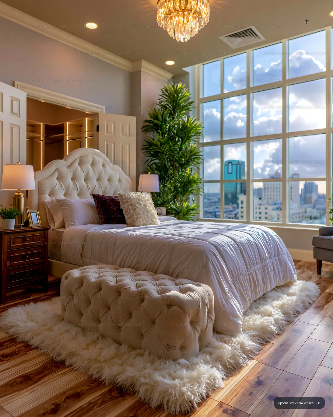 Bright modern bedroom with large windows and city view