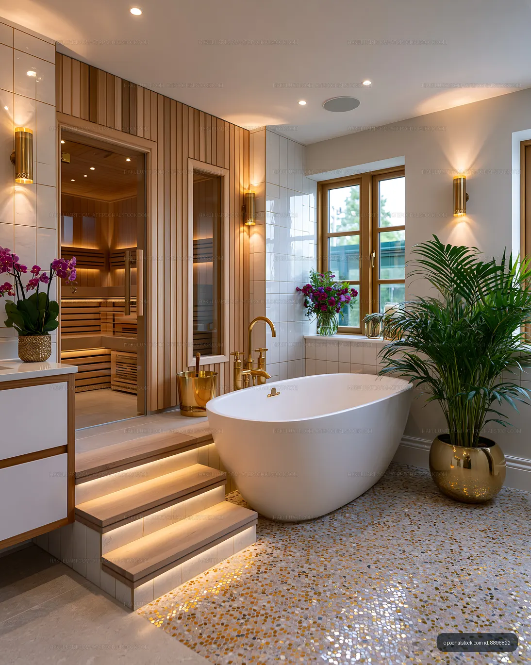 Modern bathroom with a bathtub and sauna features