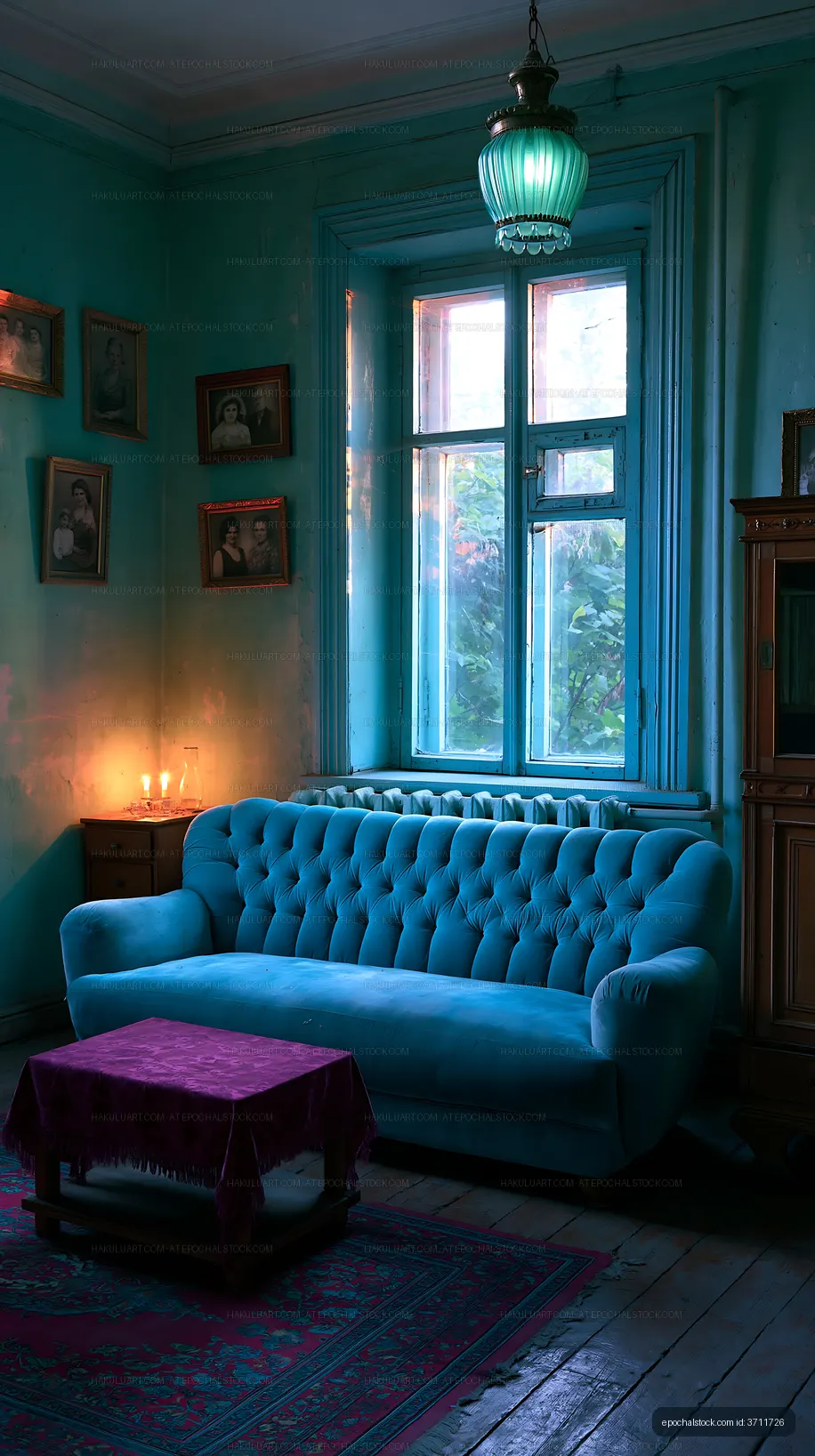 Cozy living room with blue sofa and warm lighting